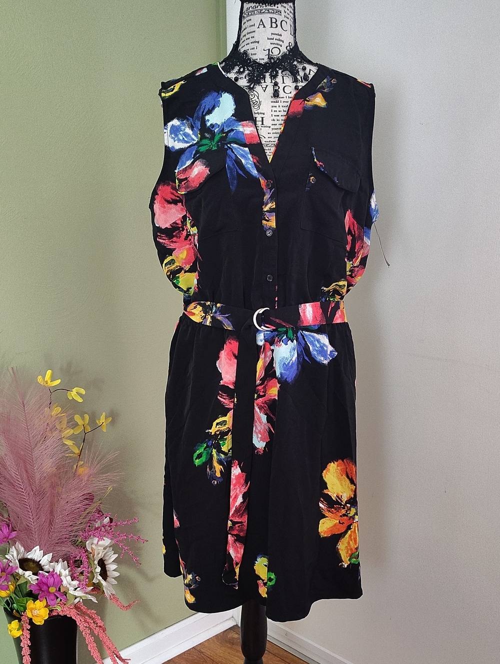Mossimo Black Floral Printed Mini Sleeveless Belted Dress XL NWT Tropical